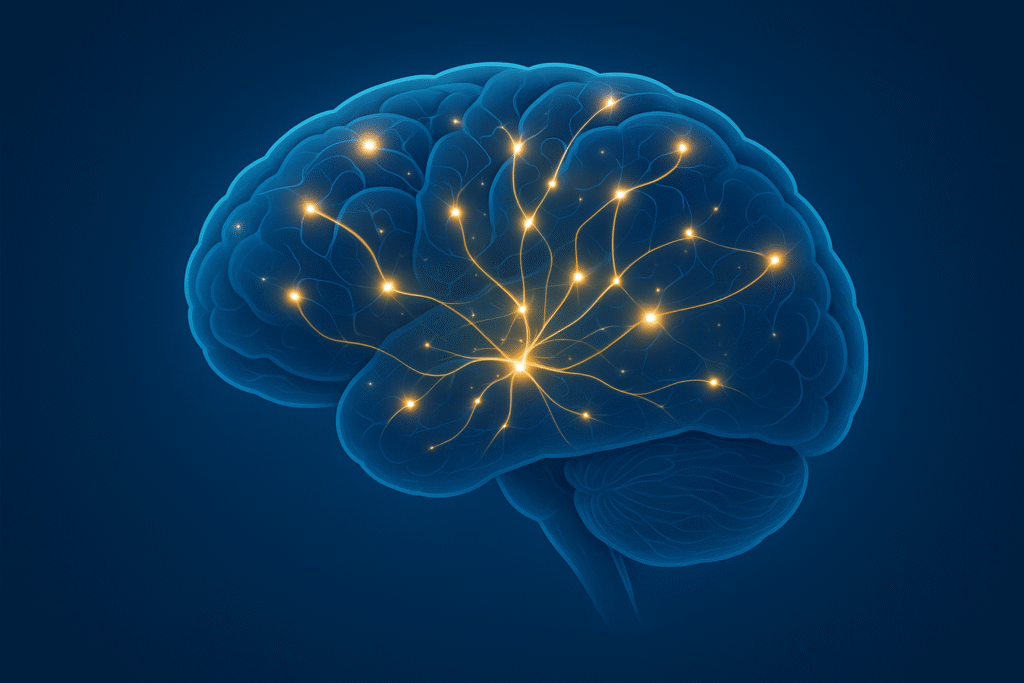 This image illustrates active cognitive processes inside the brain, symbolized by glowing neural pathways and synapses firing. It visually represents concepts like brain improvement, cognitive performance, mental sharpness, memory enhancement, and neuroscience. Ideal for educational, scientific, psychology, productivity, and brain-training conten