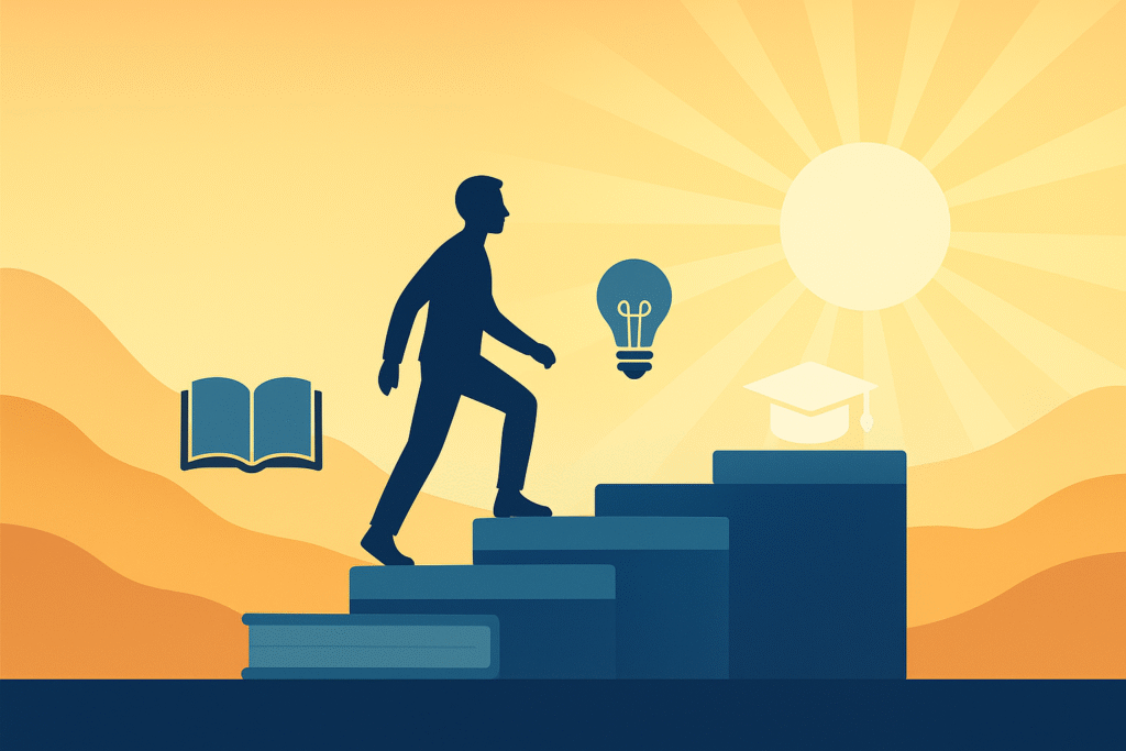 This image visually represents the concept of lifelong learning and continuous personal growth. The human silhouette walking upward on book-like steps symbolizes progress, curiosity, and the pursuit of knowledge. The glowing light ahead reinforces motivation, inspiration, and forward movement. It is ideal for blogs or pages related to education, self-development, learning mindset, career growth, and motivational content.